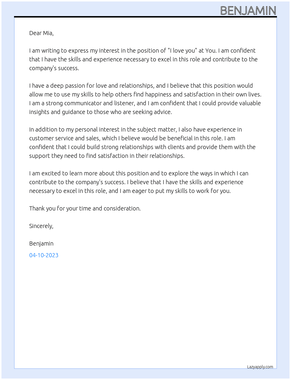 I love you At You Cover Letter
