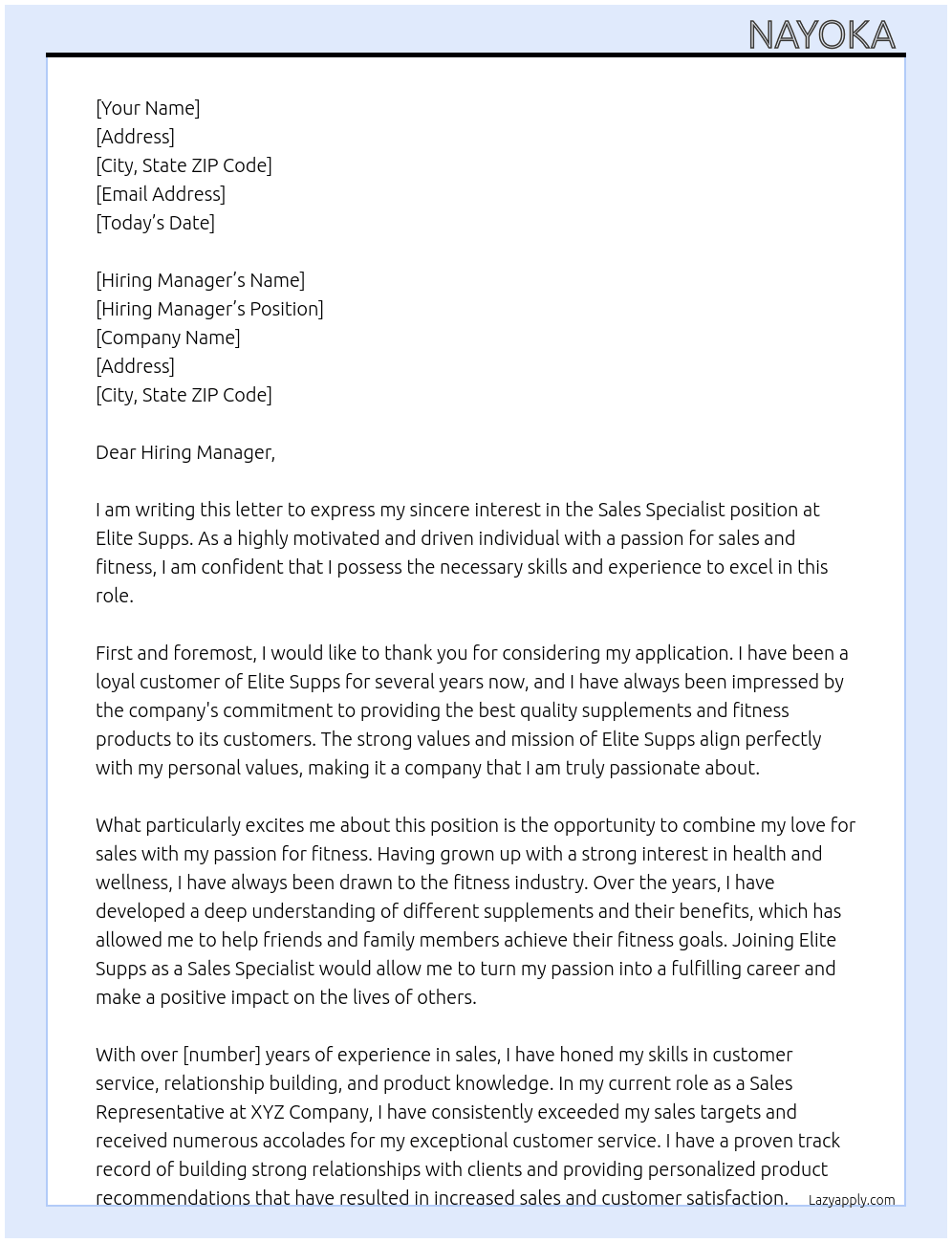 Sales Specialist   At Elite Supps  Cover Letter