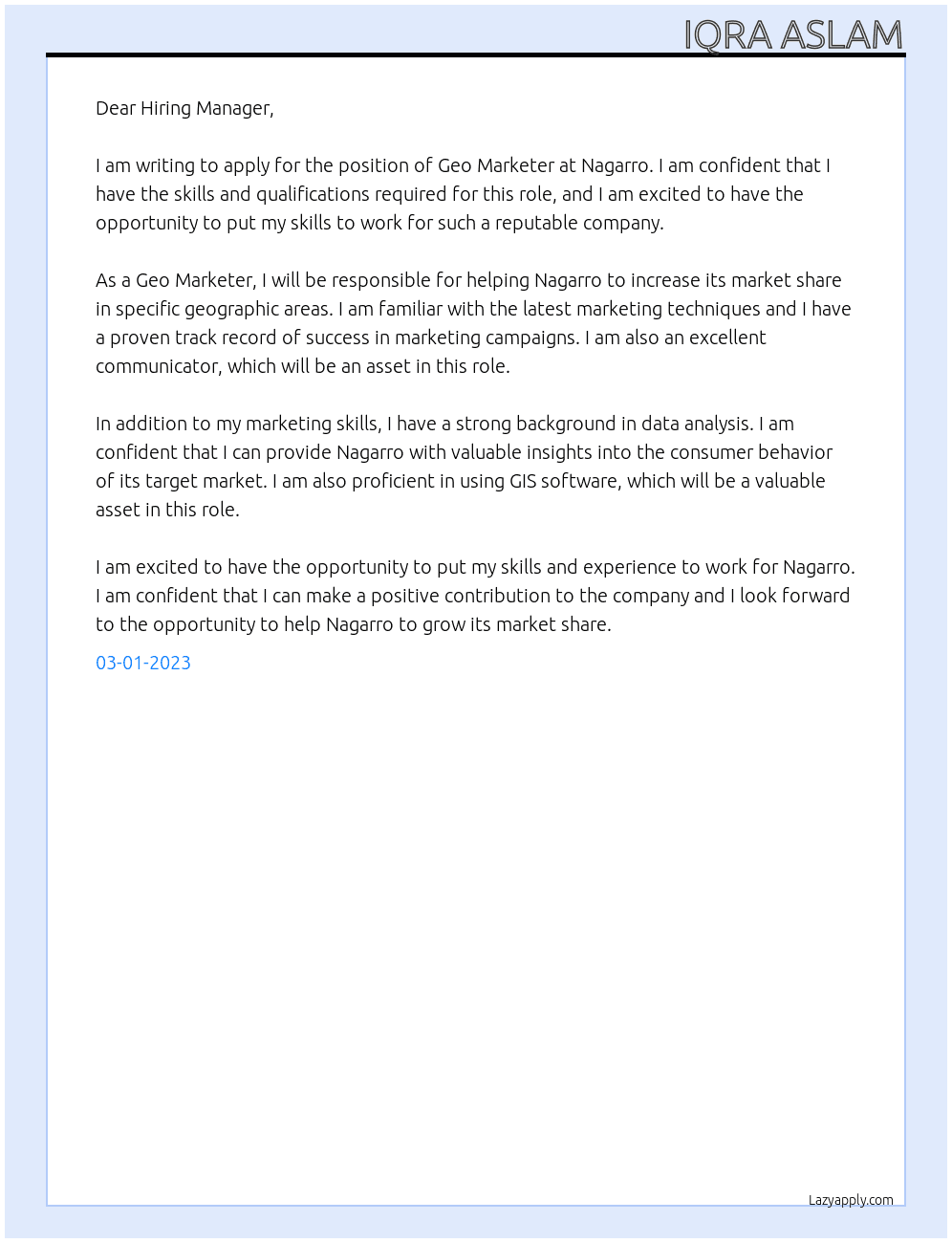 Geo Marketer At Nagarro  Cover Letter
