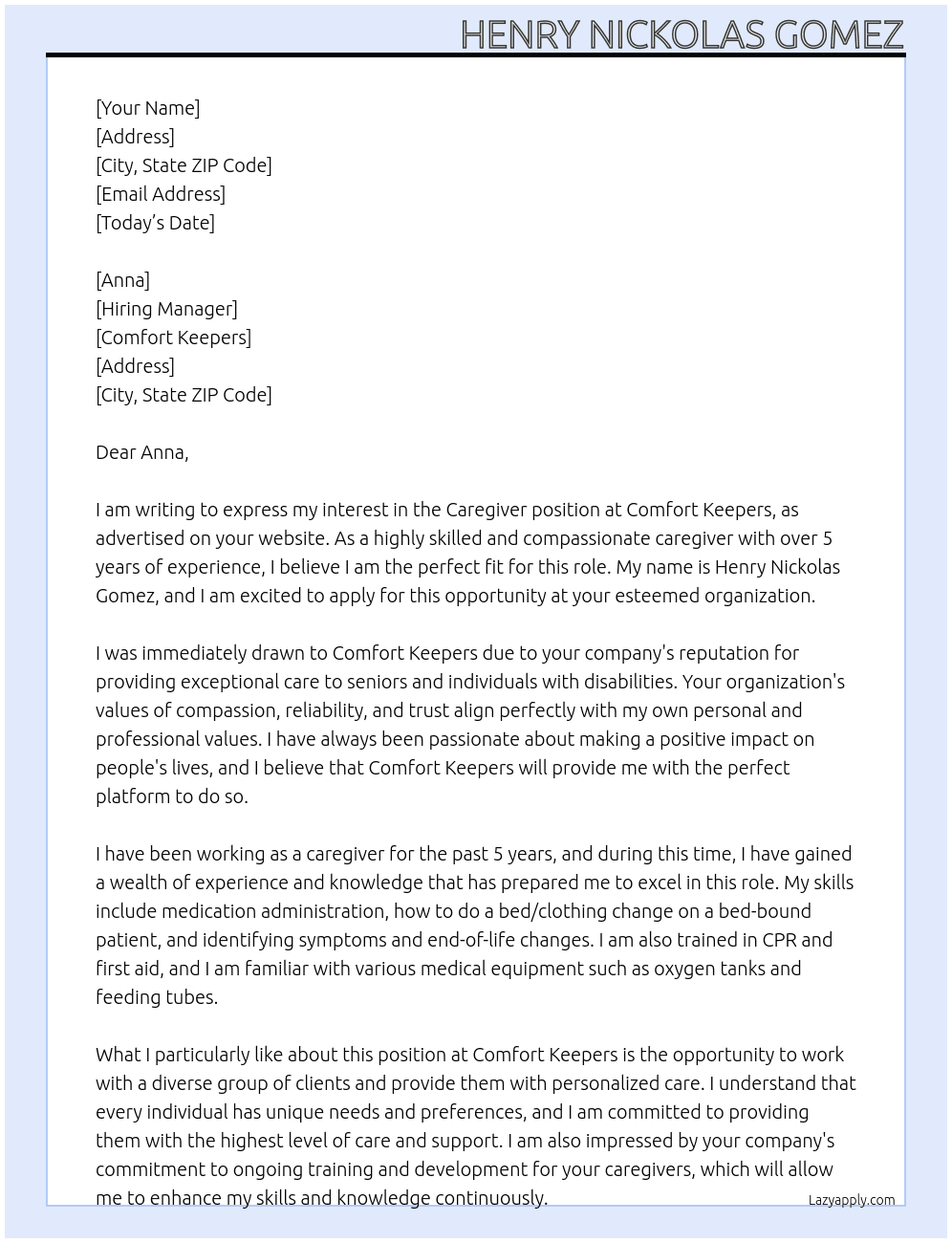 Caregiver At Comfort Keepers Cover Letter