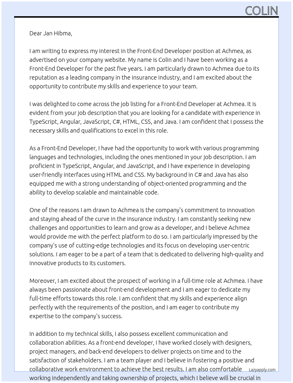 front-end developer At Achmea Cover Letter