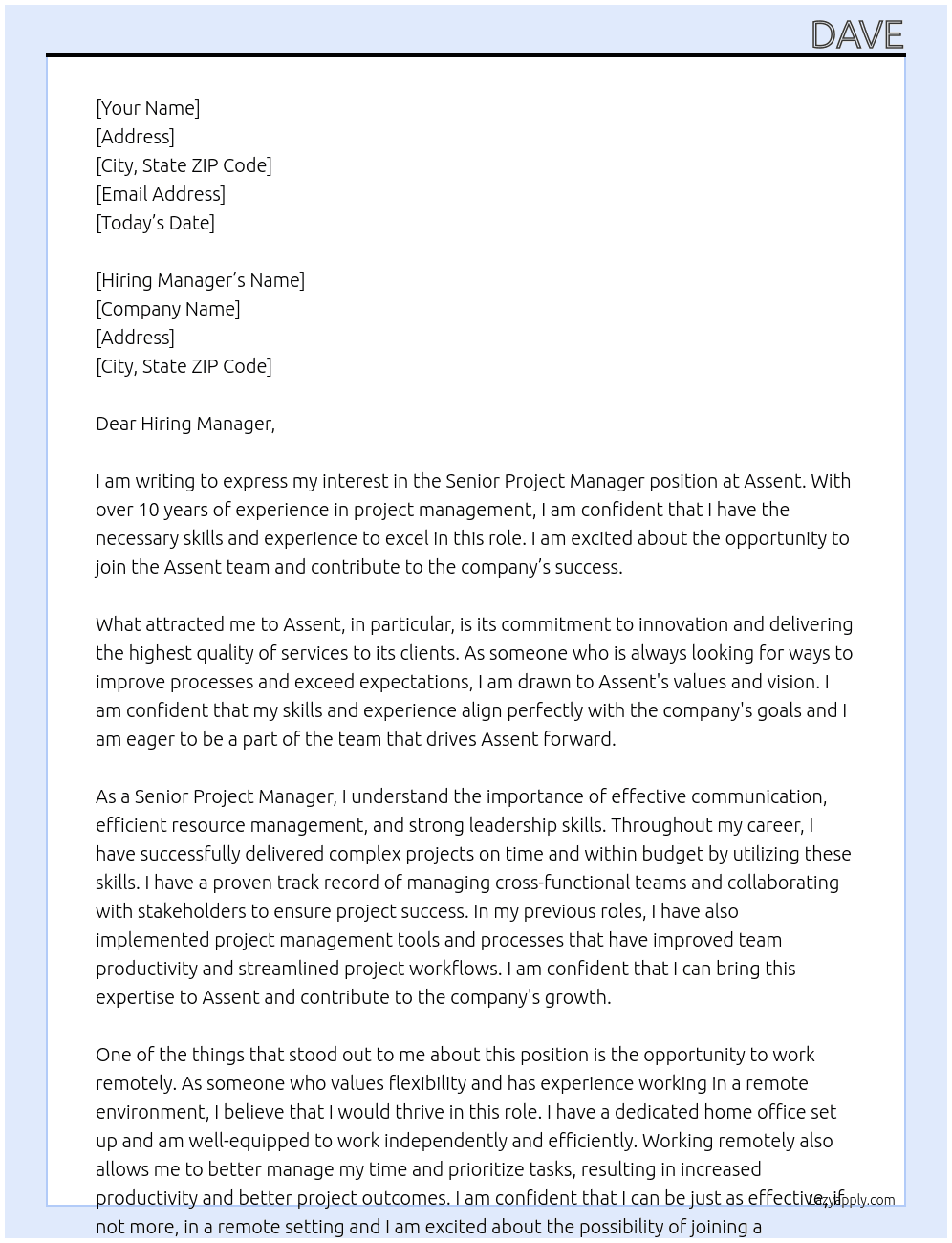 Senior Project Manager At Assent Cover Letter