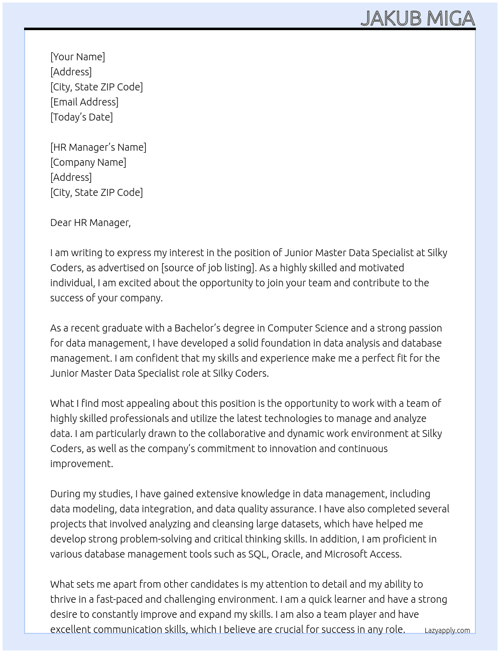 Junior Master Data Specialist At Silky Coders Cover Letter