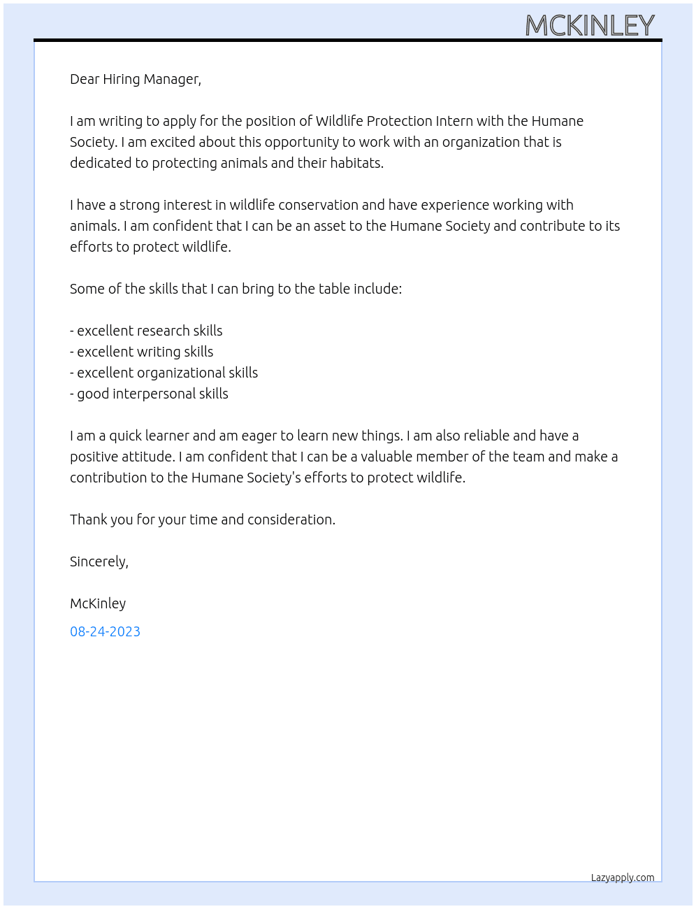 Wildlife protection intern  At Humane society Cover Letter