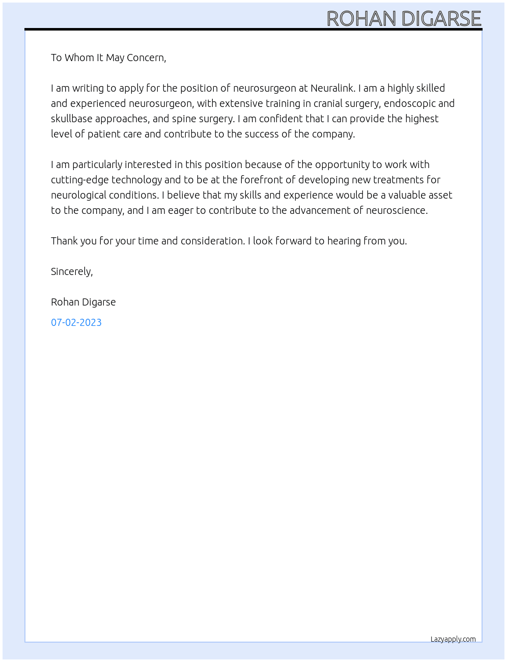 Neurosurgeon At Neuralink Cover Letter