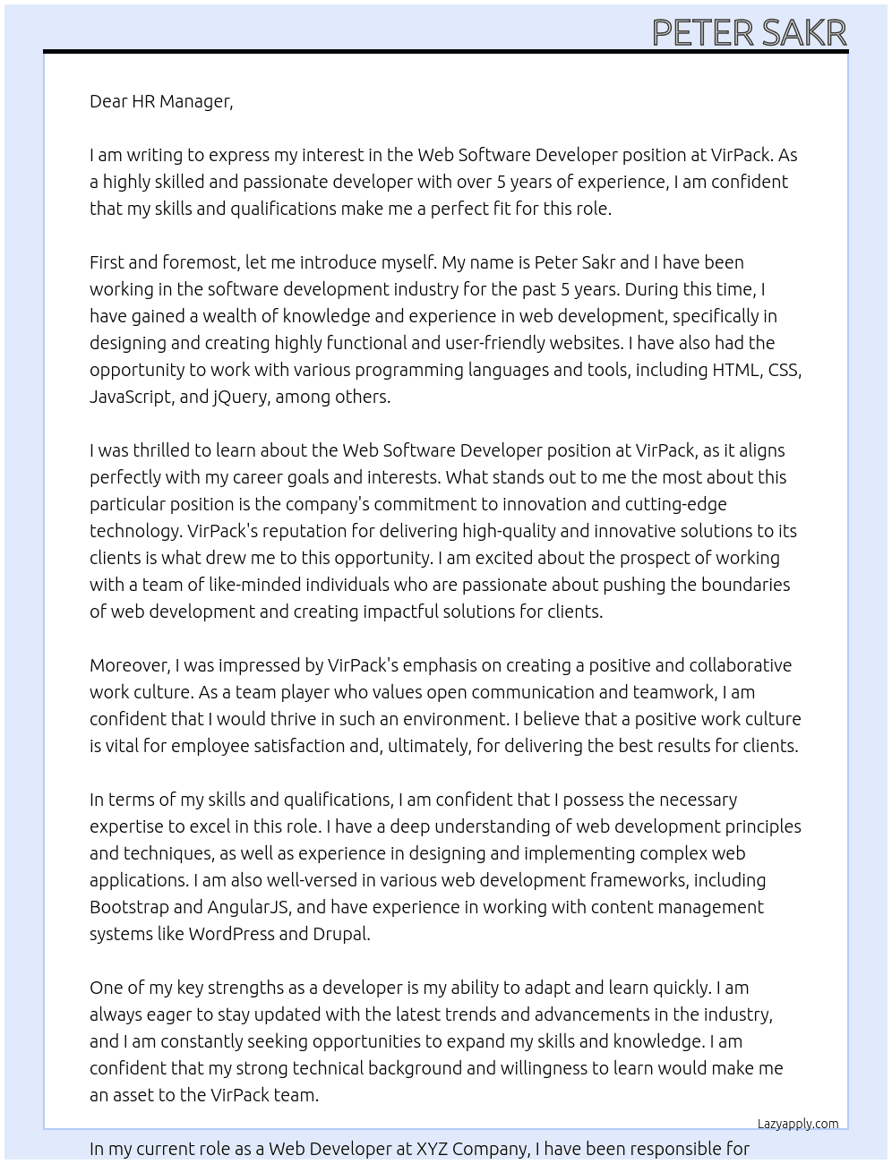 Web Software Developer At VirPack Cover Letter