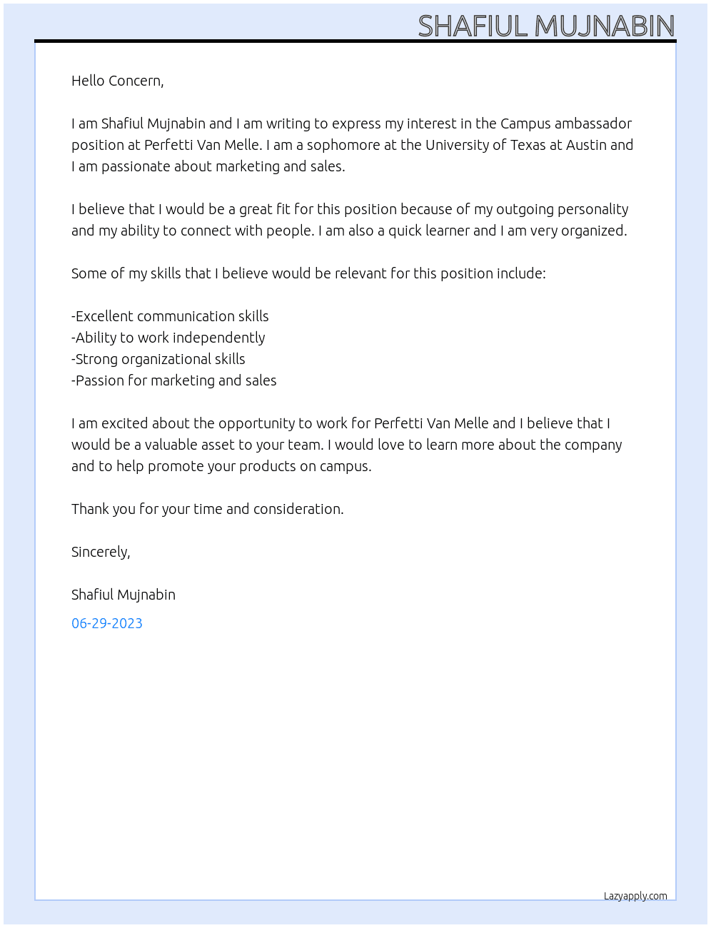 Campus ambassador At Perfetti Van Melle  Cover Letter