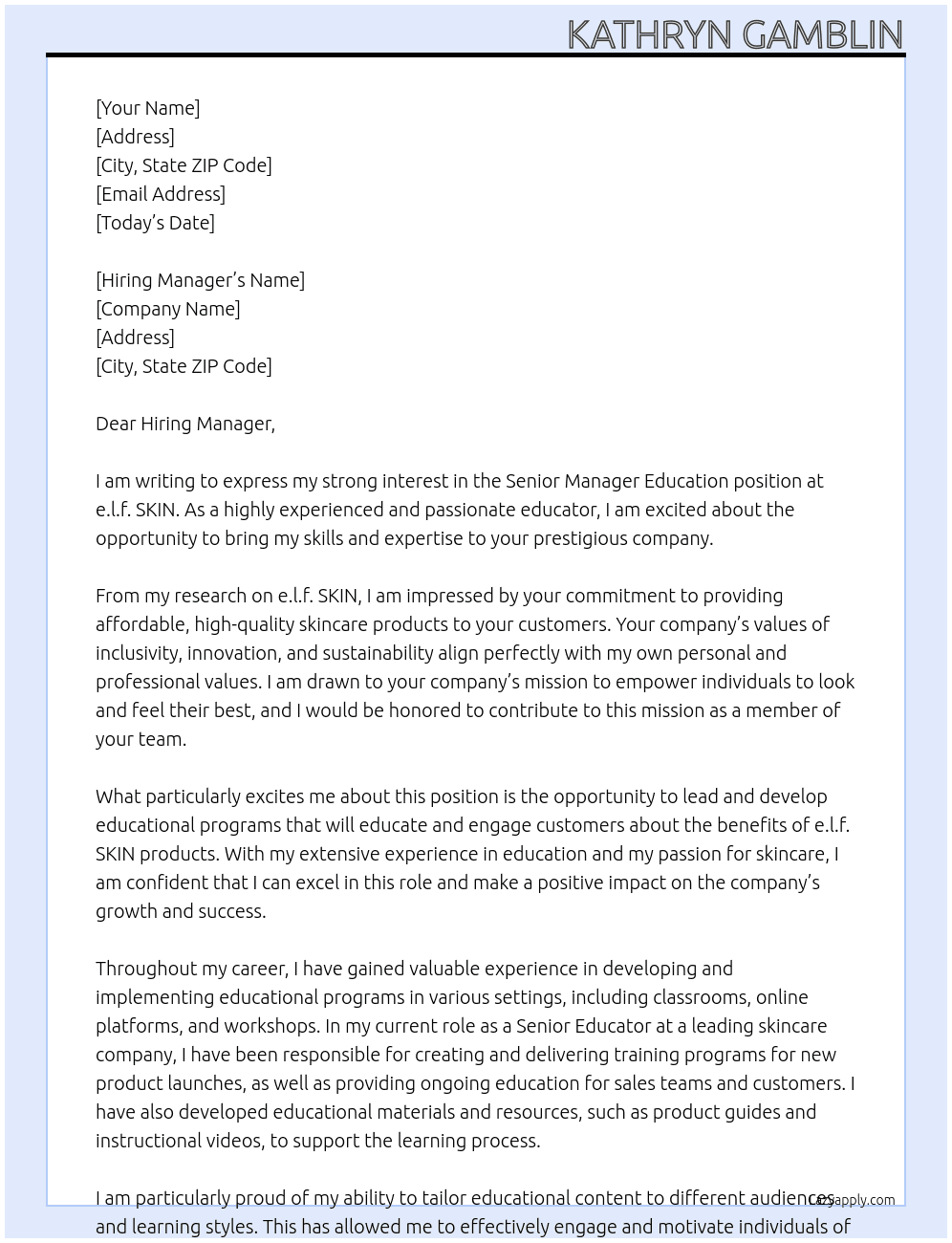 Senior Manager Education At e.l.f. SKIN Cover Letter