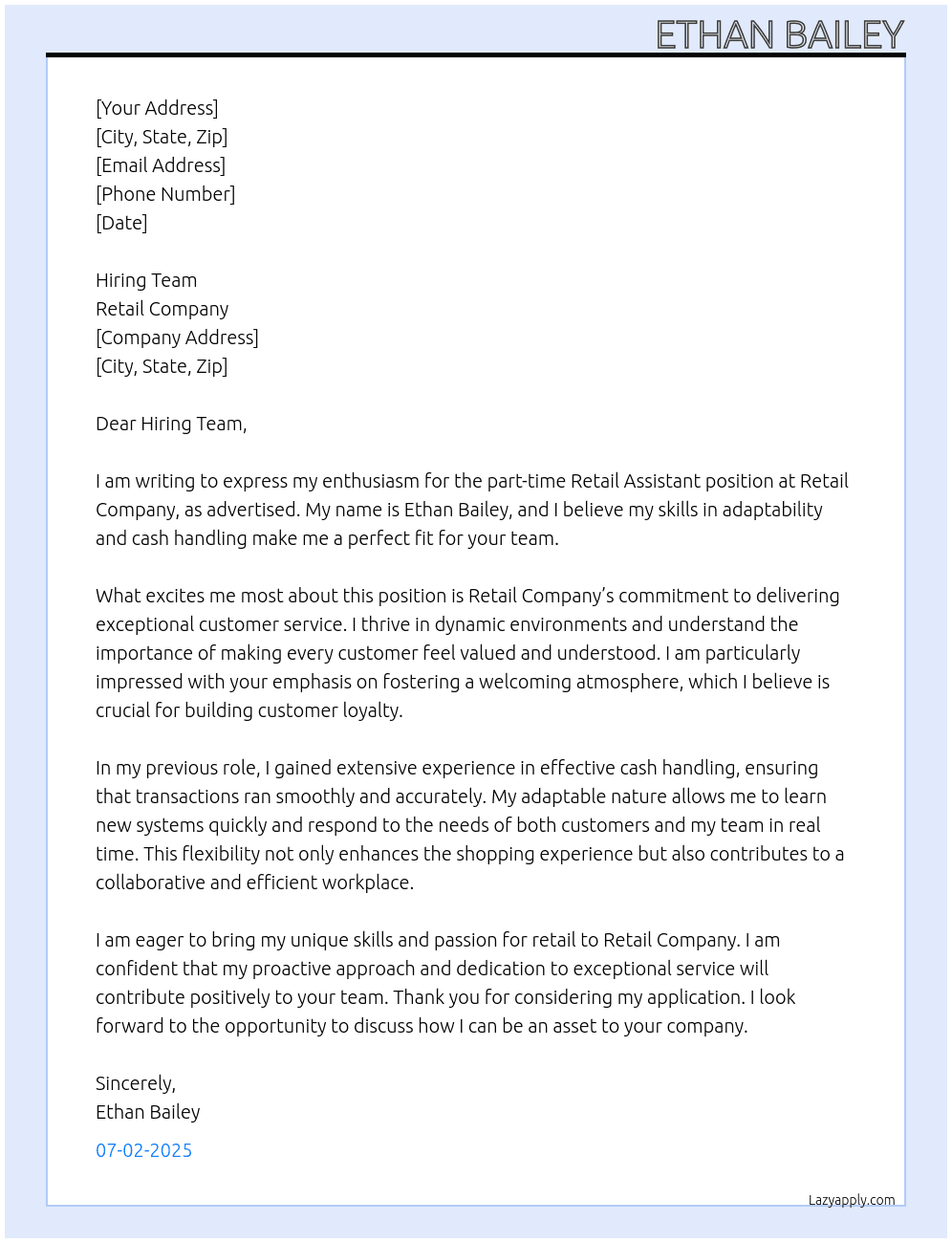 retail assistant At retail company  Cover Letter