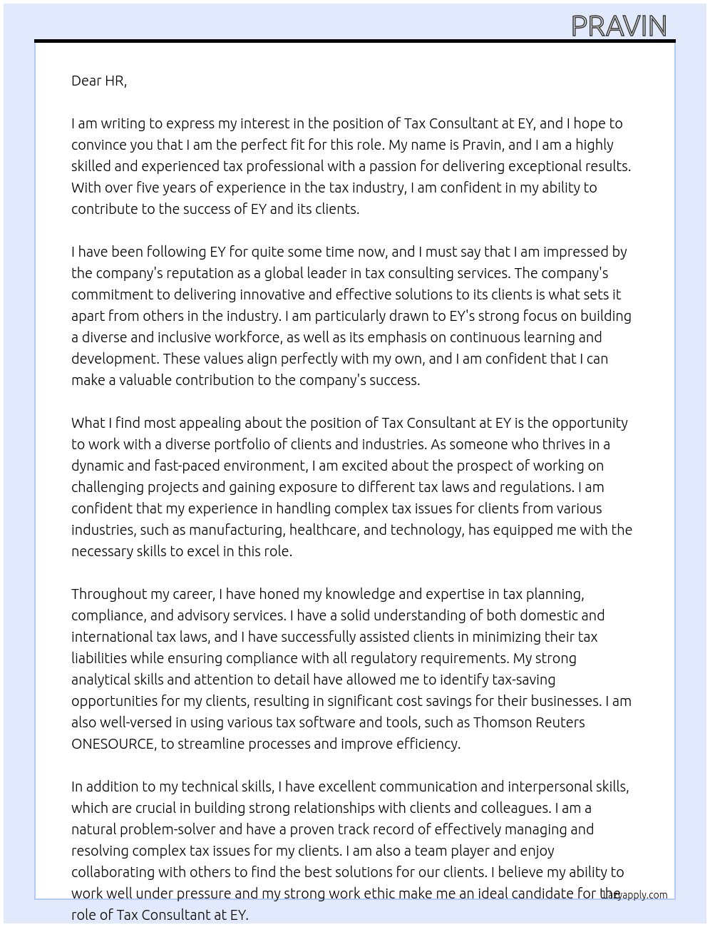 Tax Consultant At EY Cover Letter