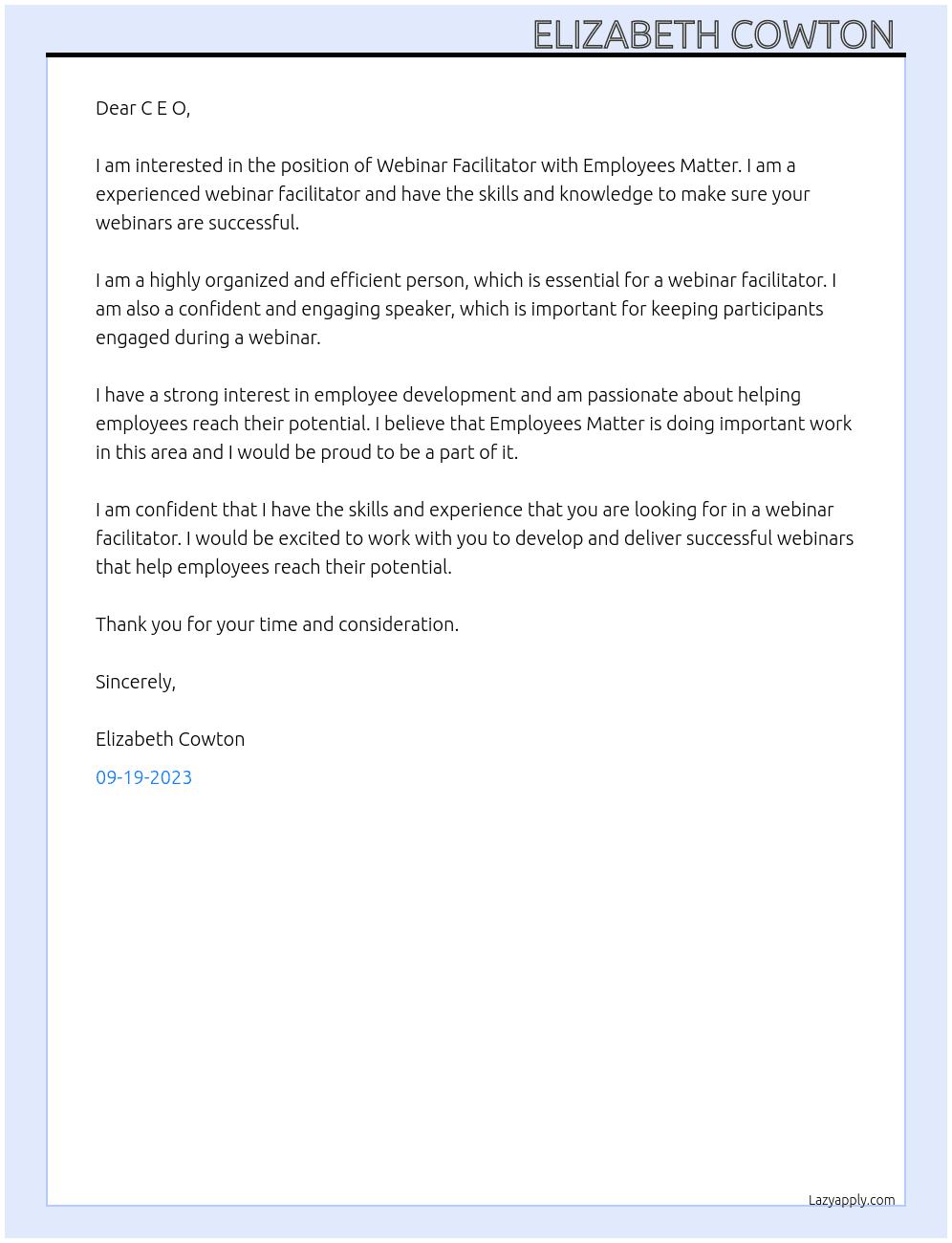 Webinar Facilitator At Employees Matter Cover Letter