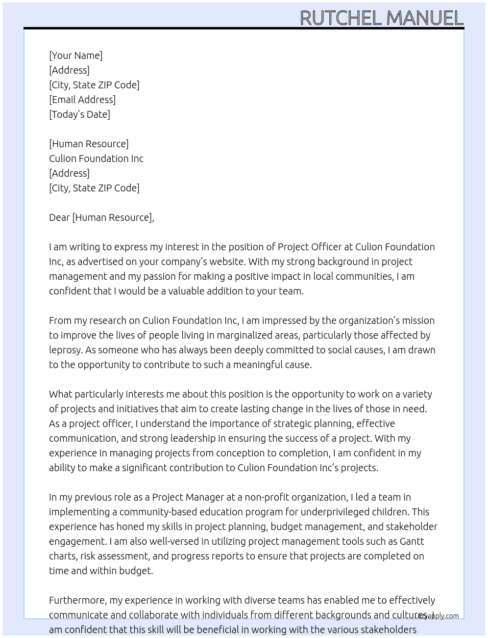 Project Officer At Culion Foundation Inc Cover Letter