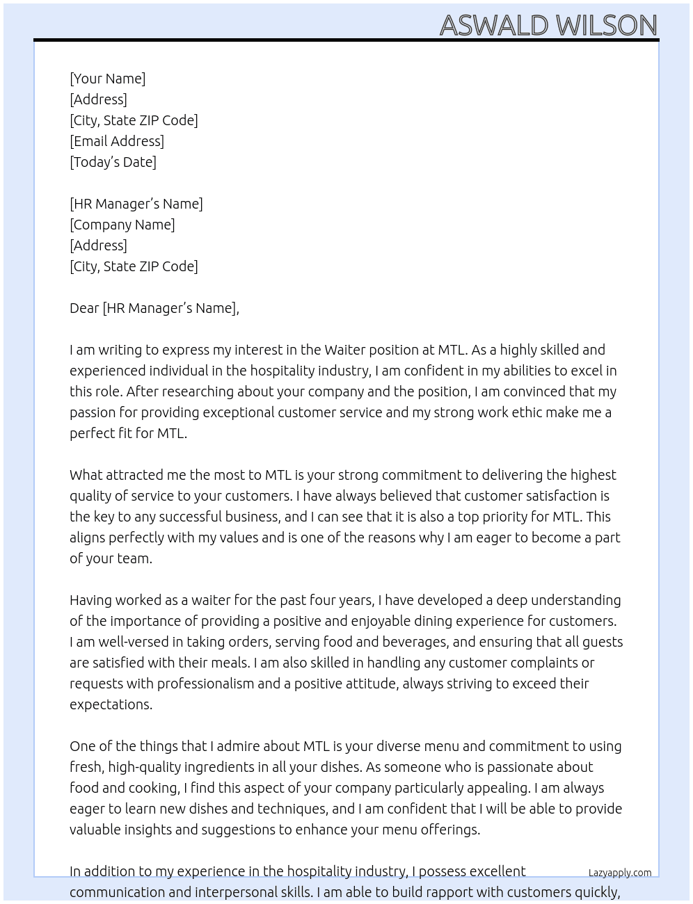 Waiter At MTL Cover Letter
