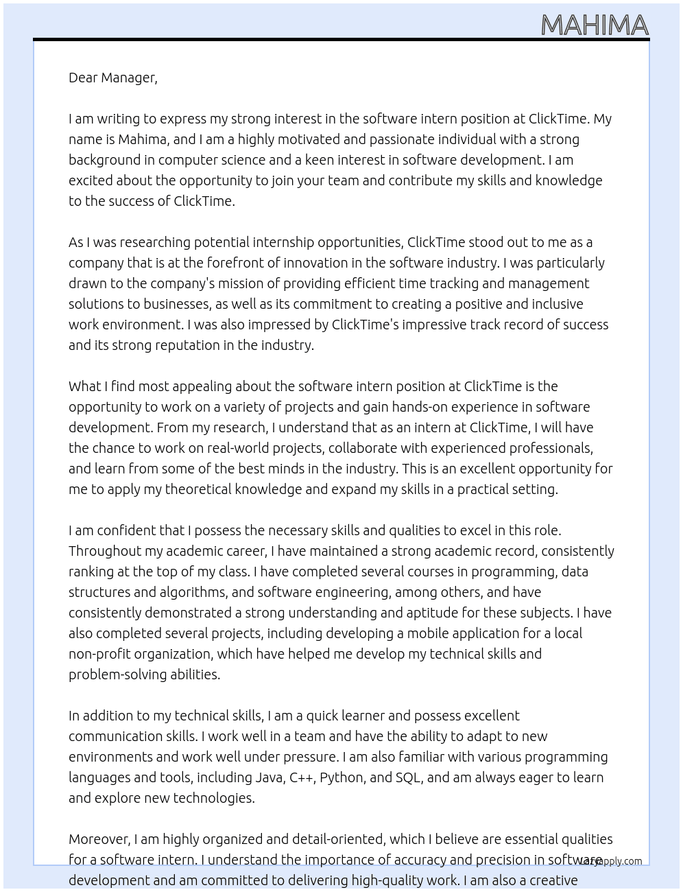 software intern At ClickTime Cover Letter