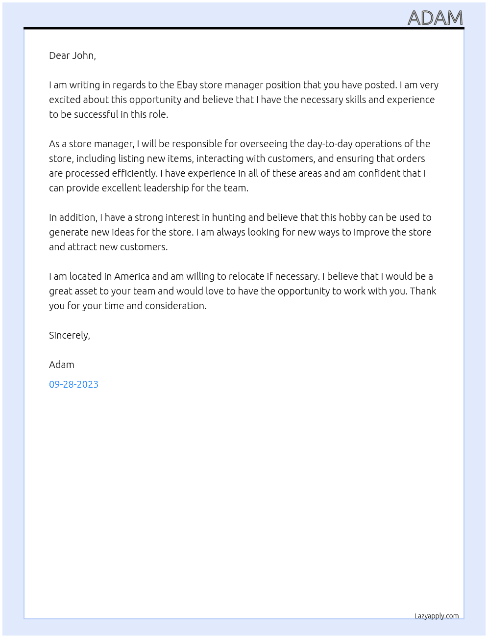 Ebay store manager At Nisha and co. Cover Letter