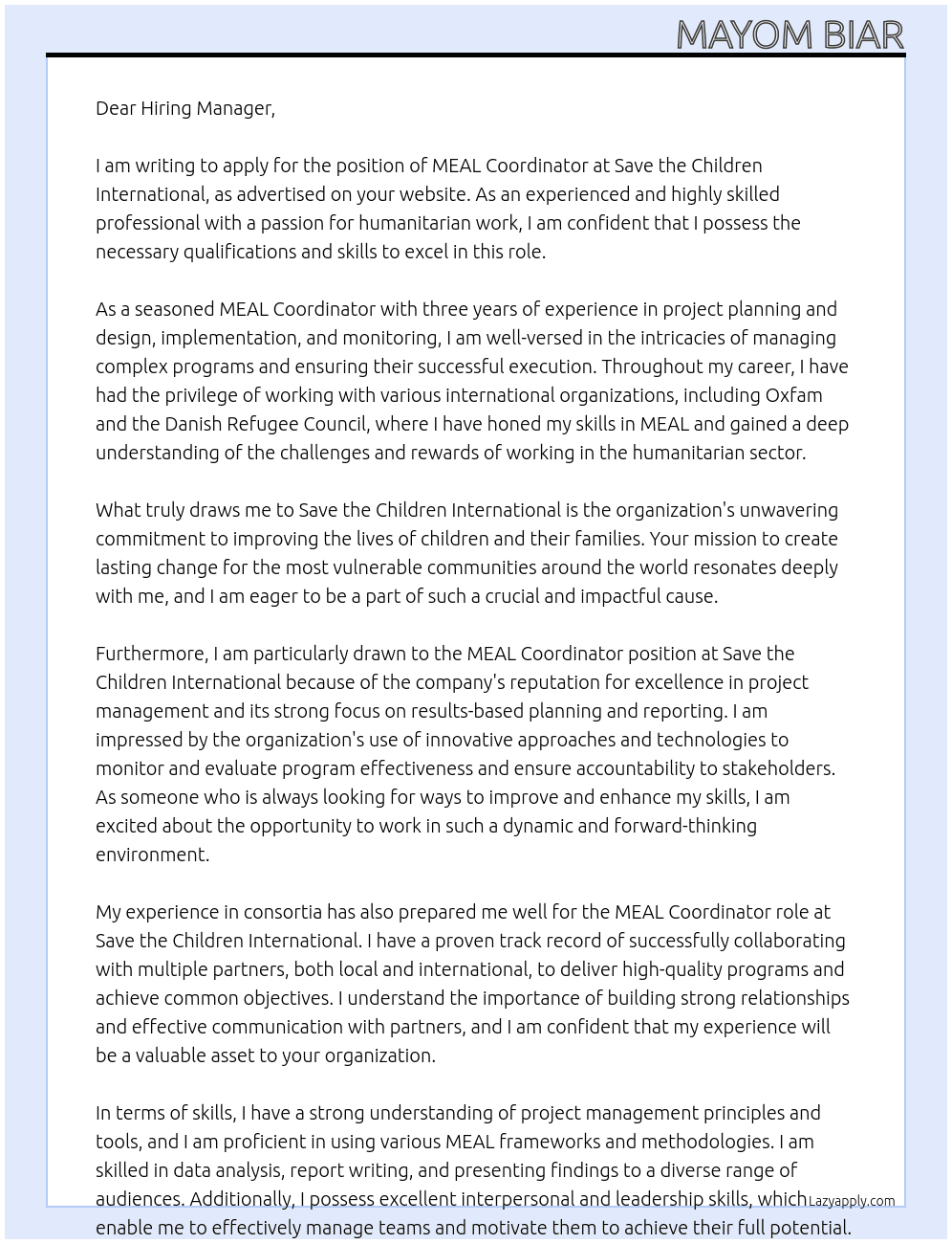 MEAL Coordinator  At Save the Childern International Cover Letter