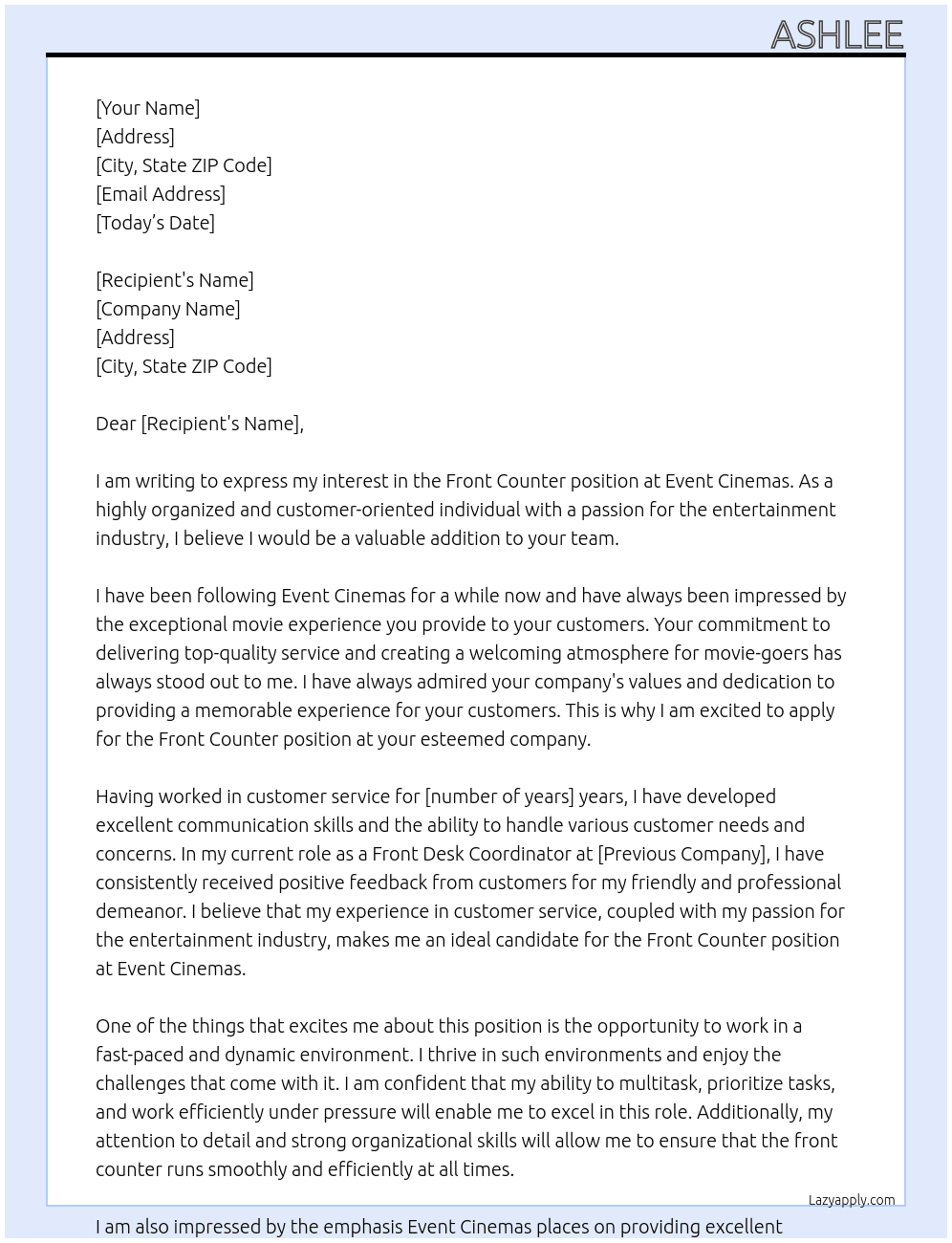 Front counter At Event cinemas  Cover Letter