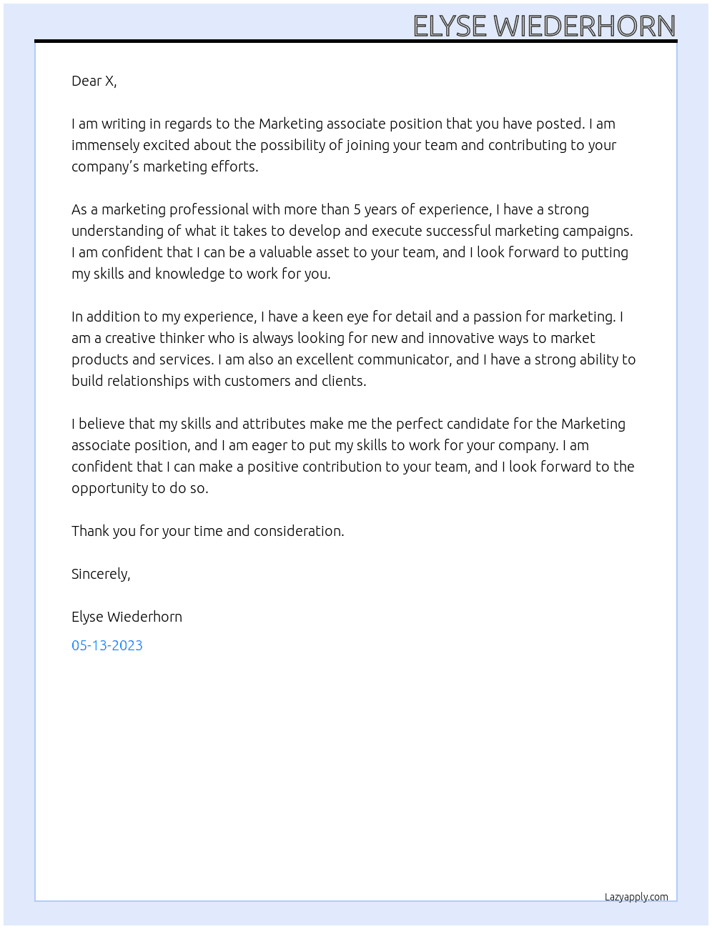 Marketing associate At X Cover Letter