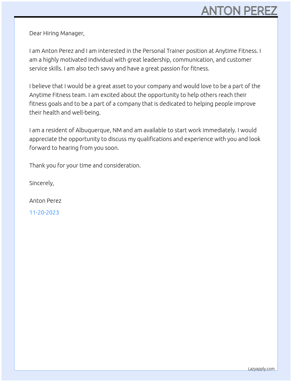 Personal Trainer At Anytime Fitness Cover Letter