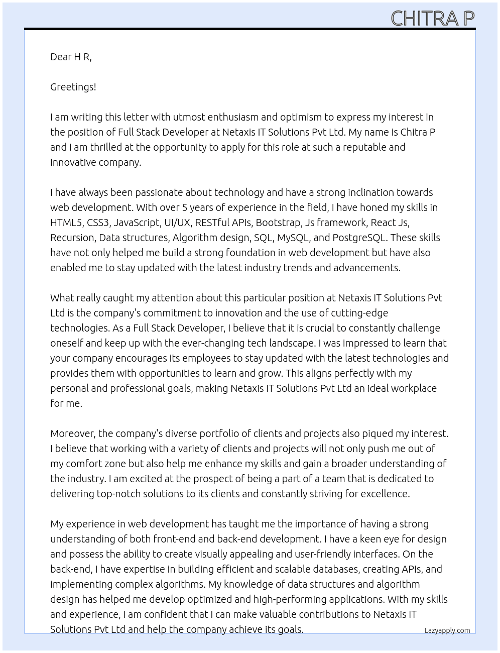 Full stack developer At Netaxis IT Solutions Pvt Ltd Cover Letter