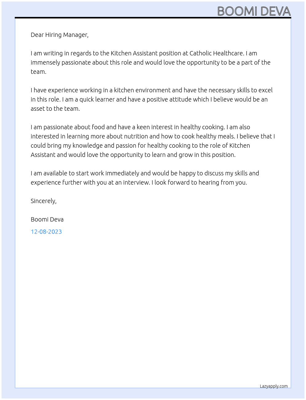 Kitchen assistant  At Catholic healthcare  Cover Letter