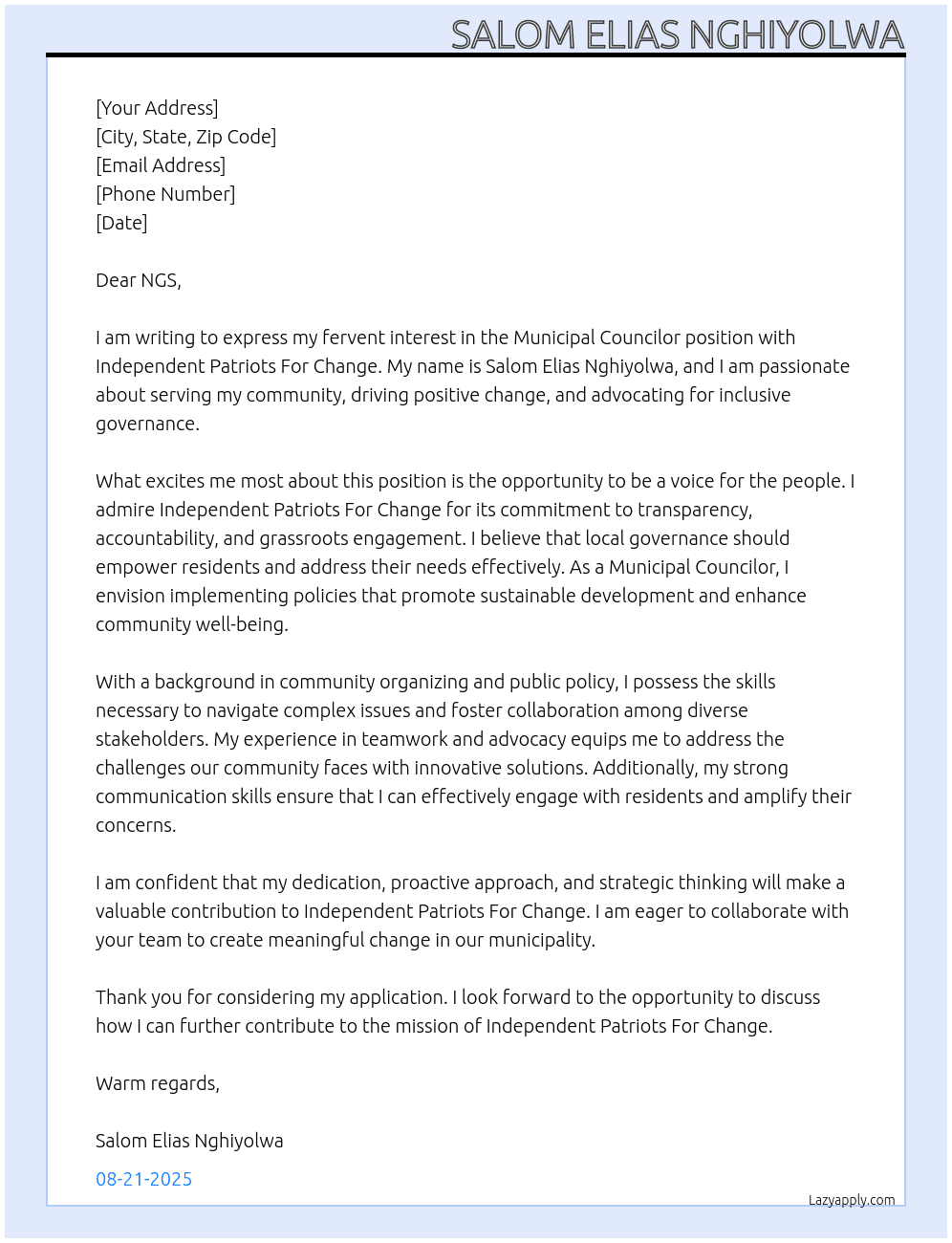 Municipal councilor At Independent Patriots For Change Cover Letter