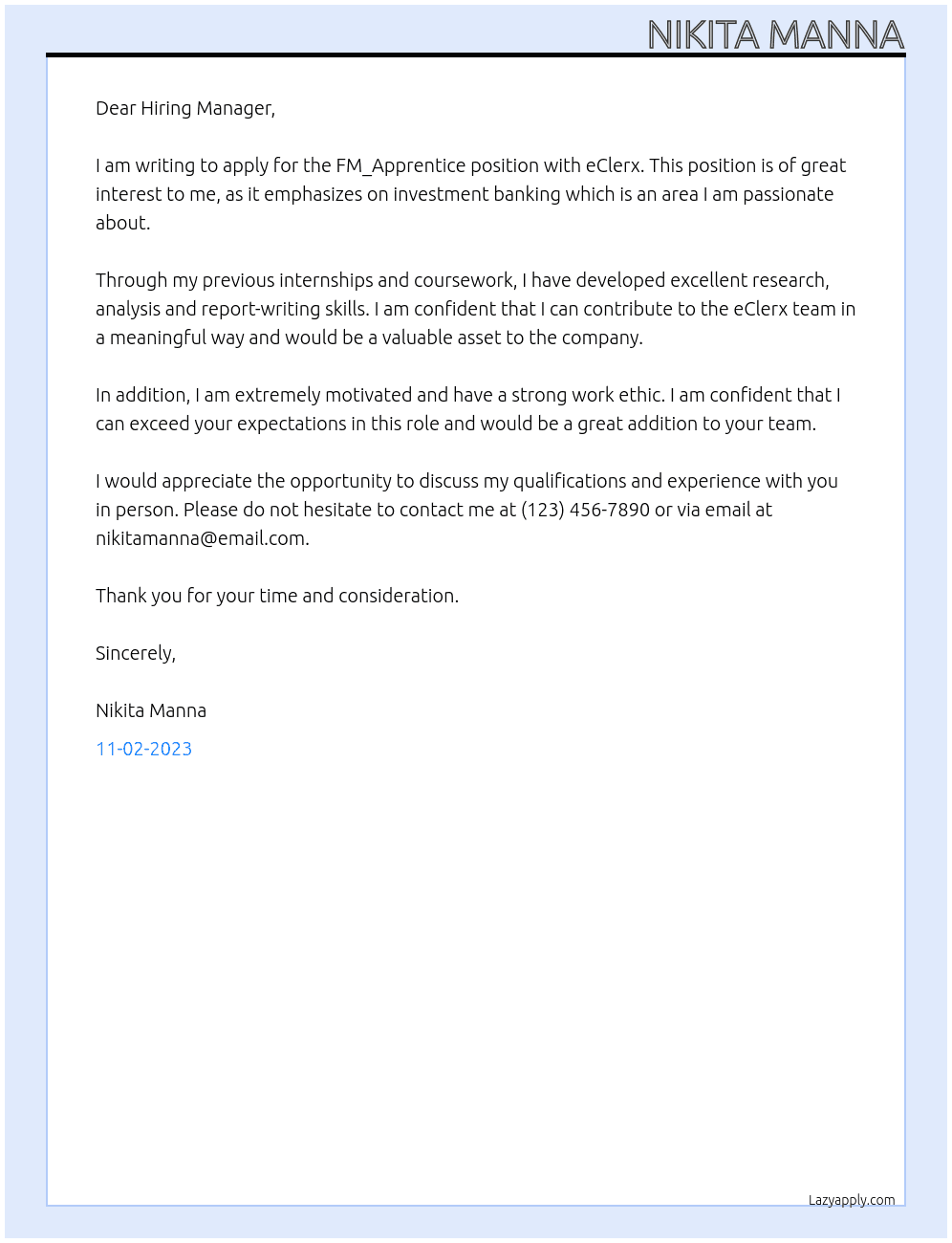 FM_Apprentice : Investment Banking At eClerx Cover Letter