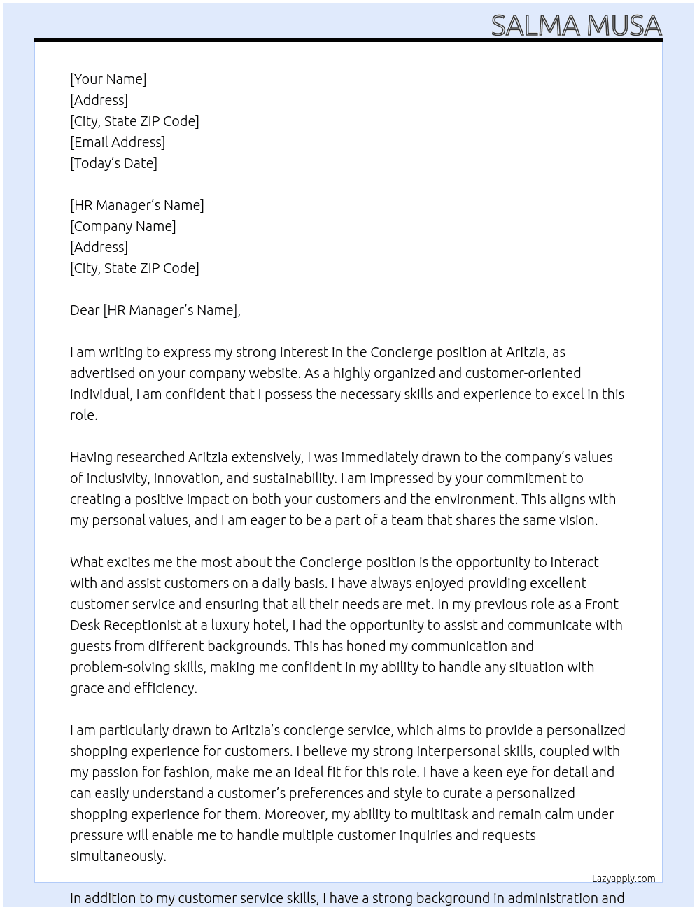 Concierge At Aritzia Cover Letter