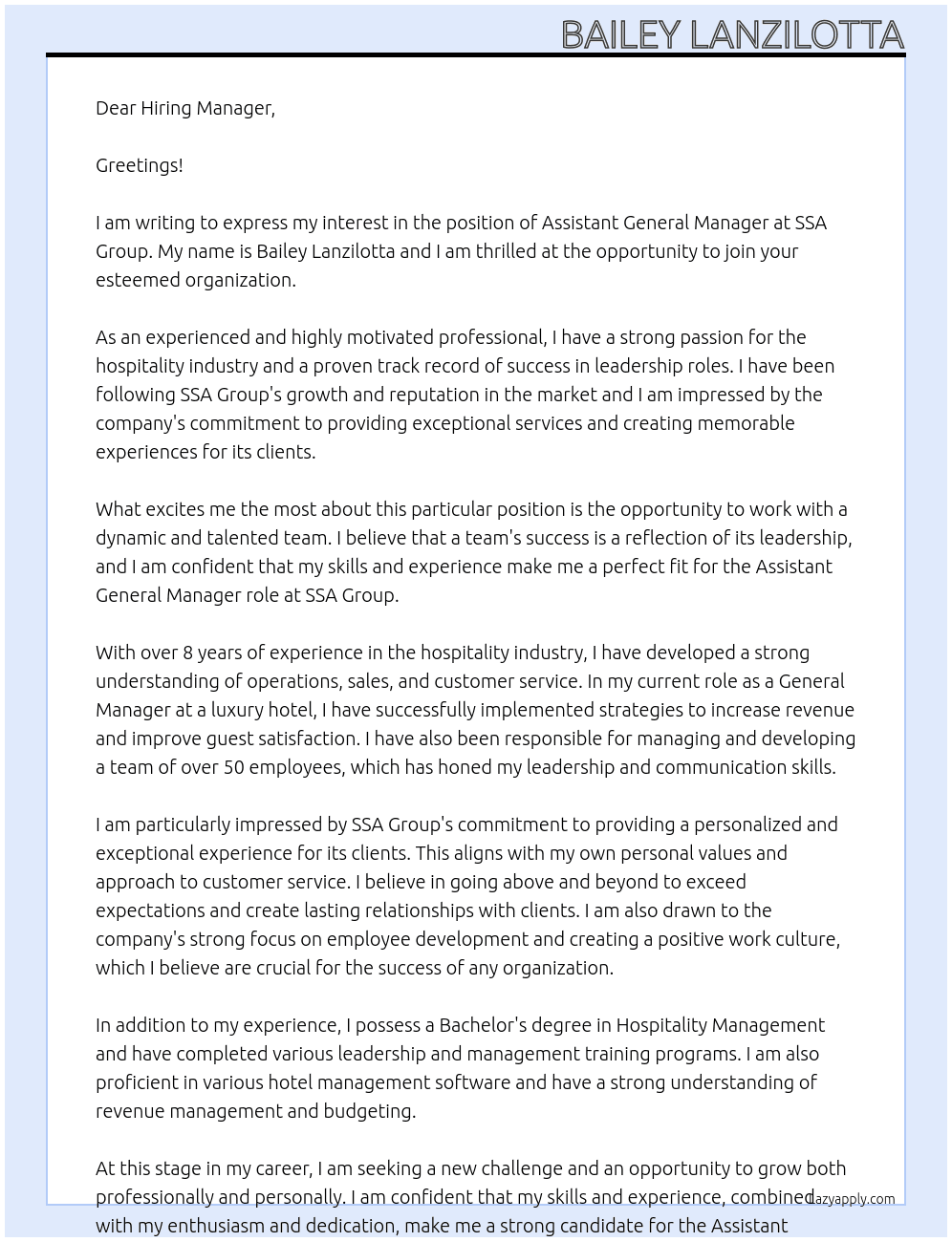 Assistant General Manager At SSA Group Cover Letter