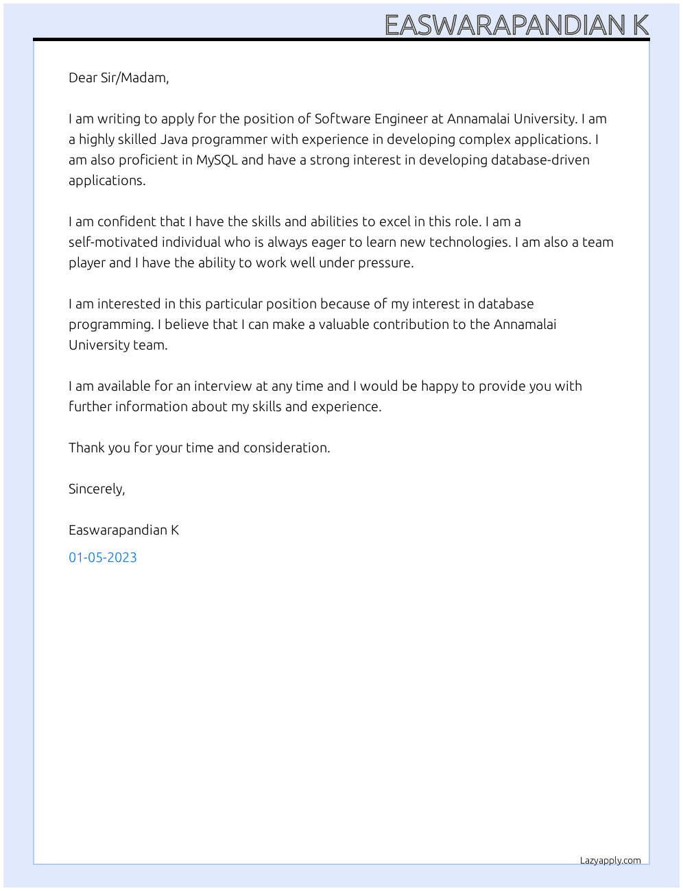 Software engineer  At Annamalai University Cover Letter