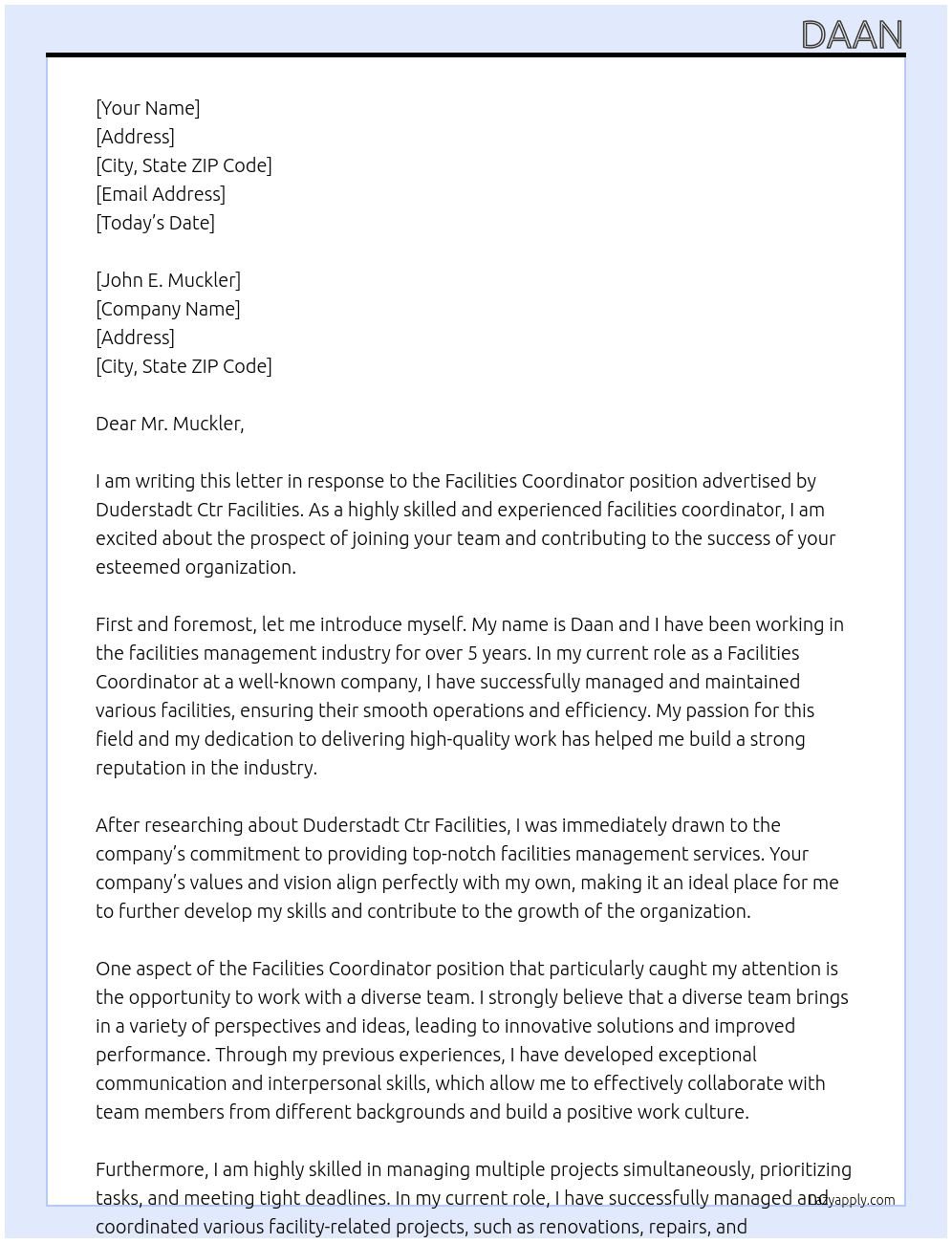 Facilities Coordinator At Duderstadt Ctr Facilities Cover Letter