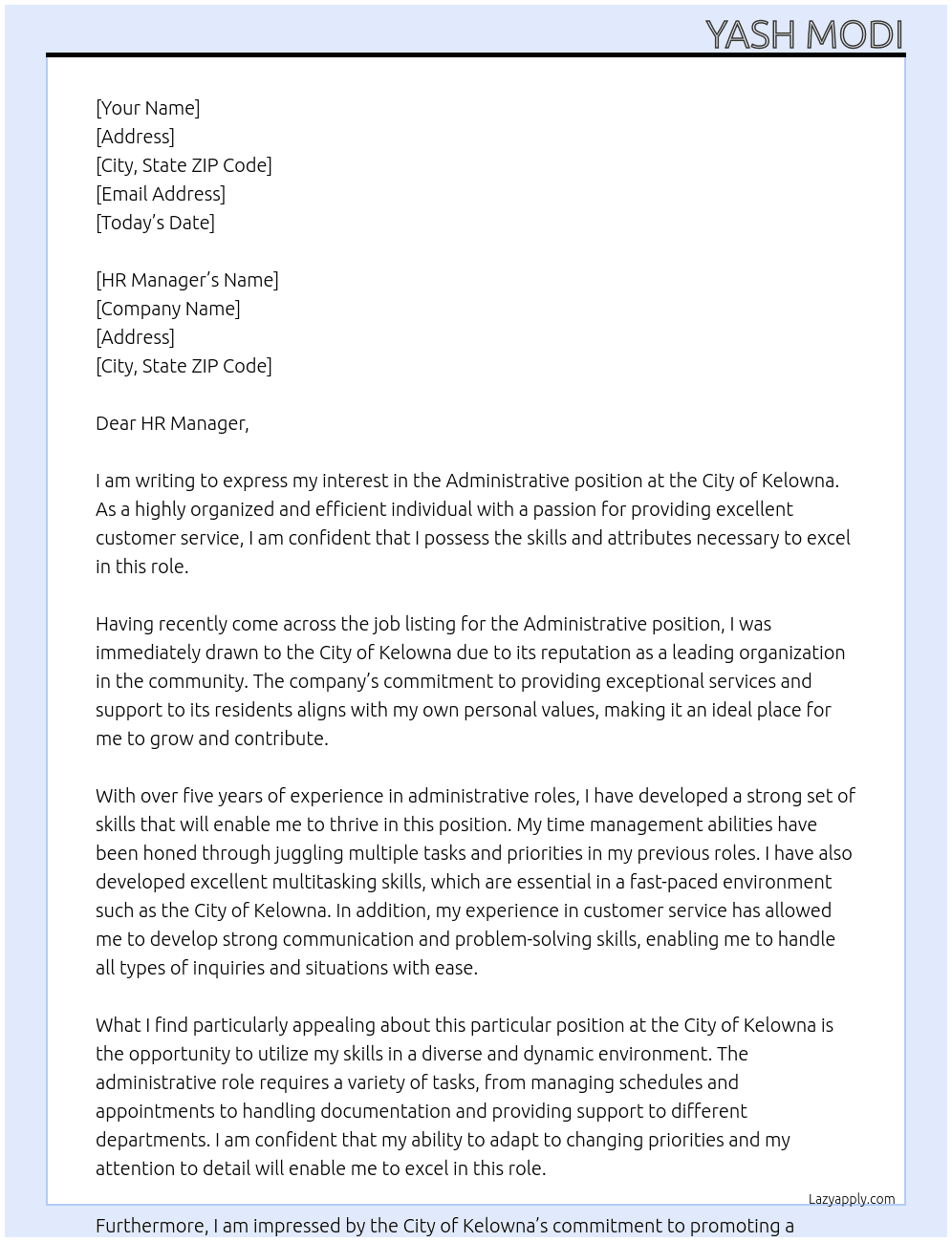 Administrative At City of Kelowna Cover Letter