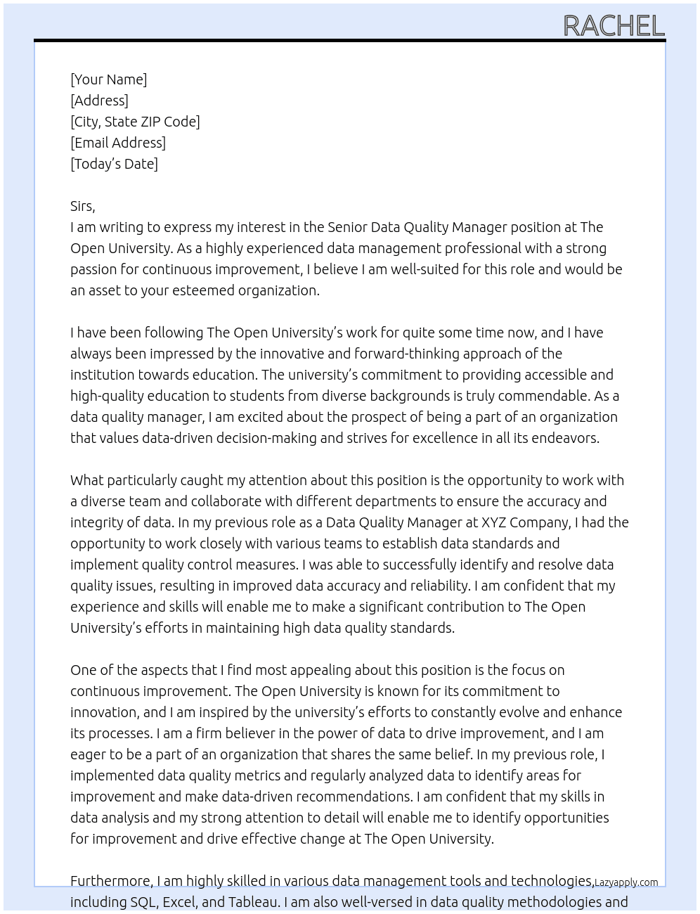 Senior Data Quality Manager At The Open University Cover Letter
