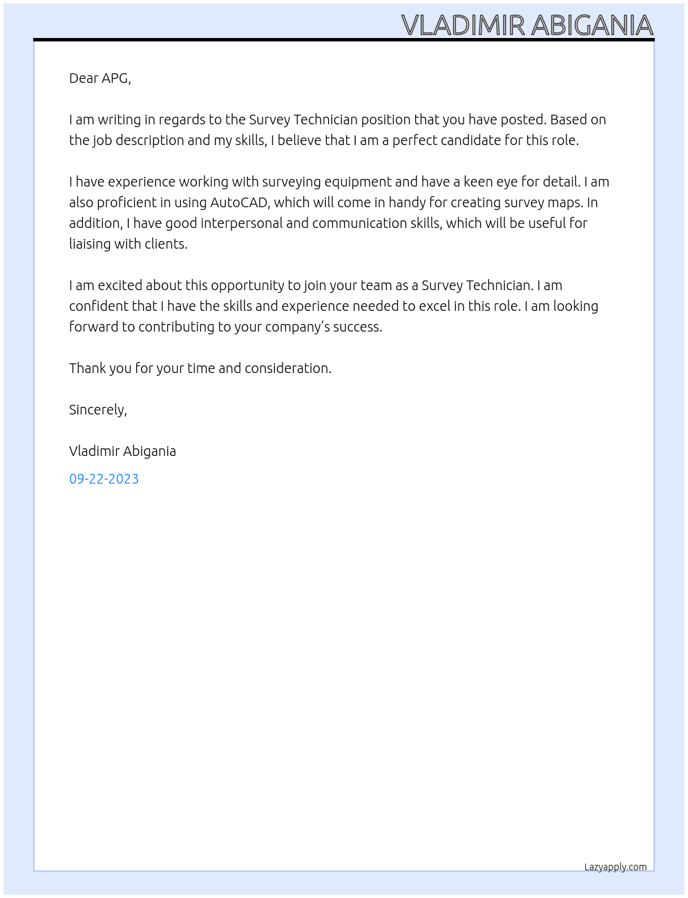 Survey Technician At APG  Cover Letter
