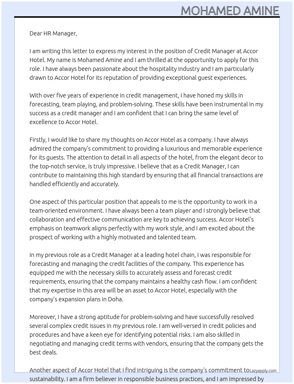 Credit Manager At Accor Hotel Cover Letter