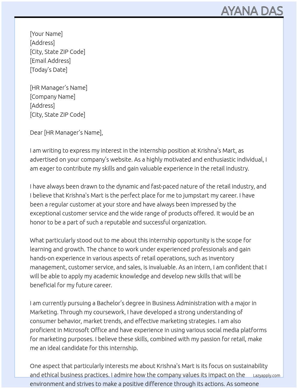 Internship application  At Krishna's Mart Cover Letter