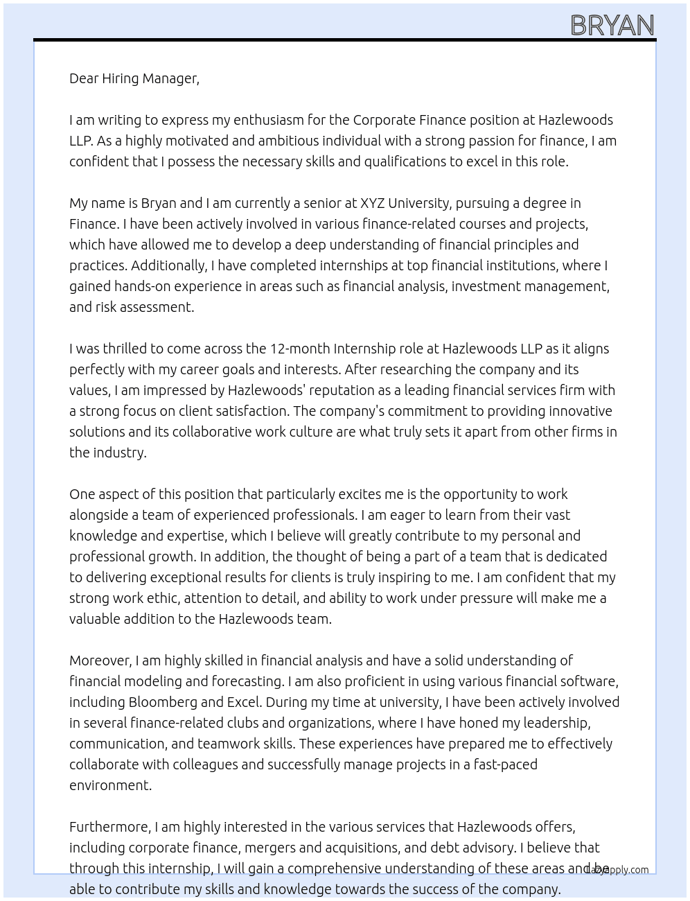 Corporate Finance At Hazlewoods LLP Cover Letter