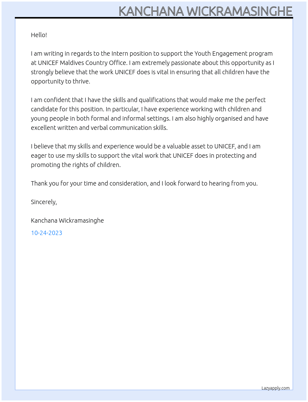 Intern to support the Youth Engagement program at UNICEF Maldives Country Office At UNICFEF Cover Letter