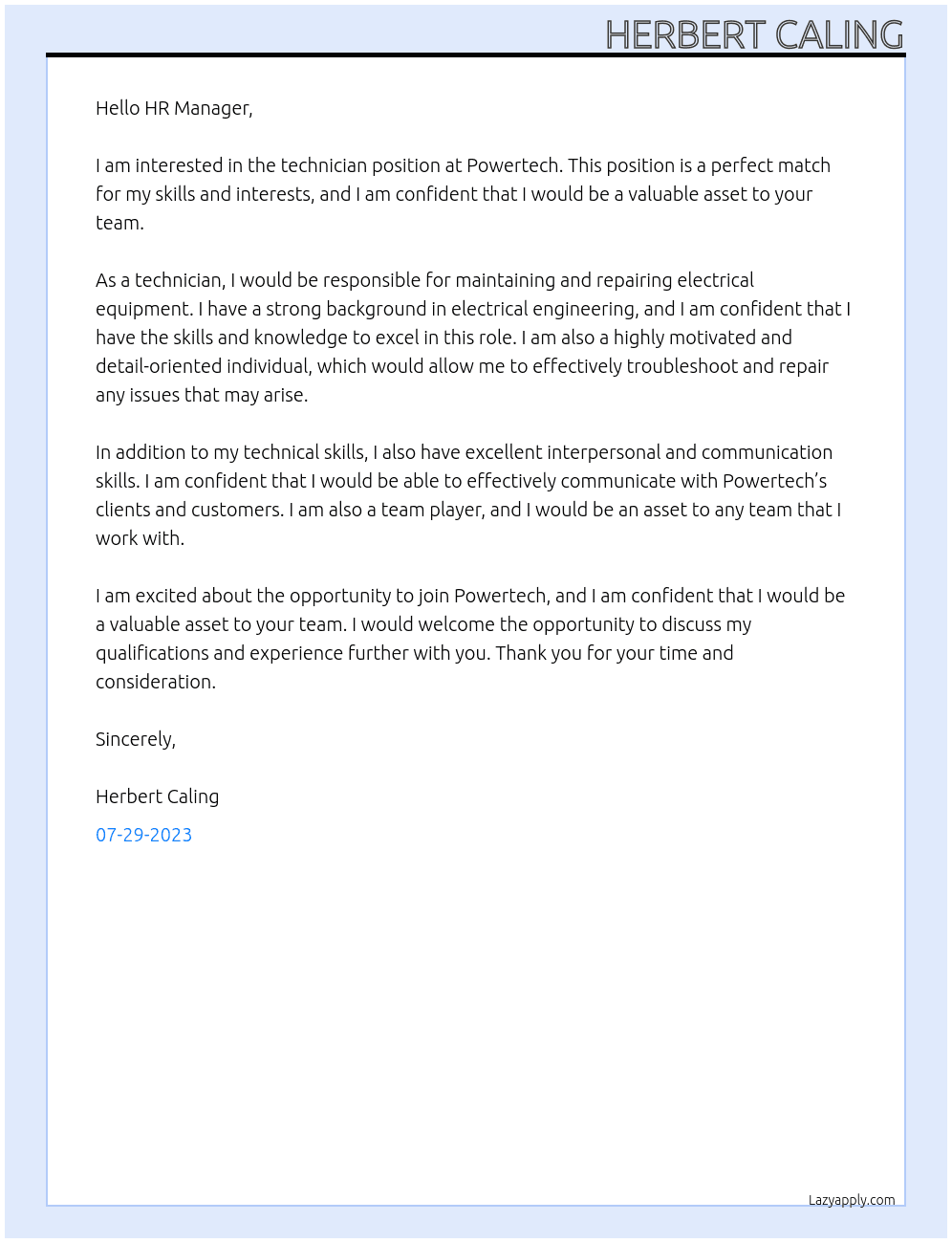 Technician At Powertech Cover Letter