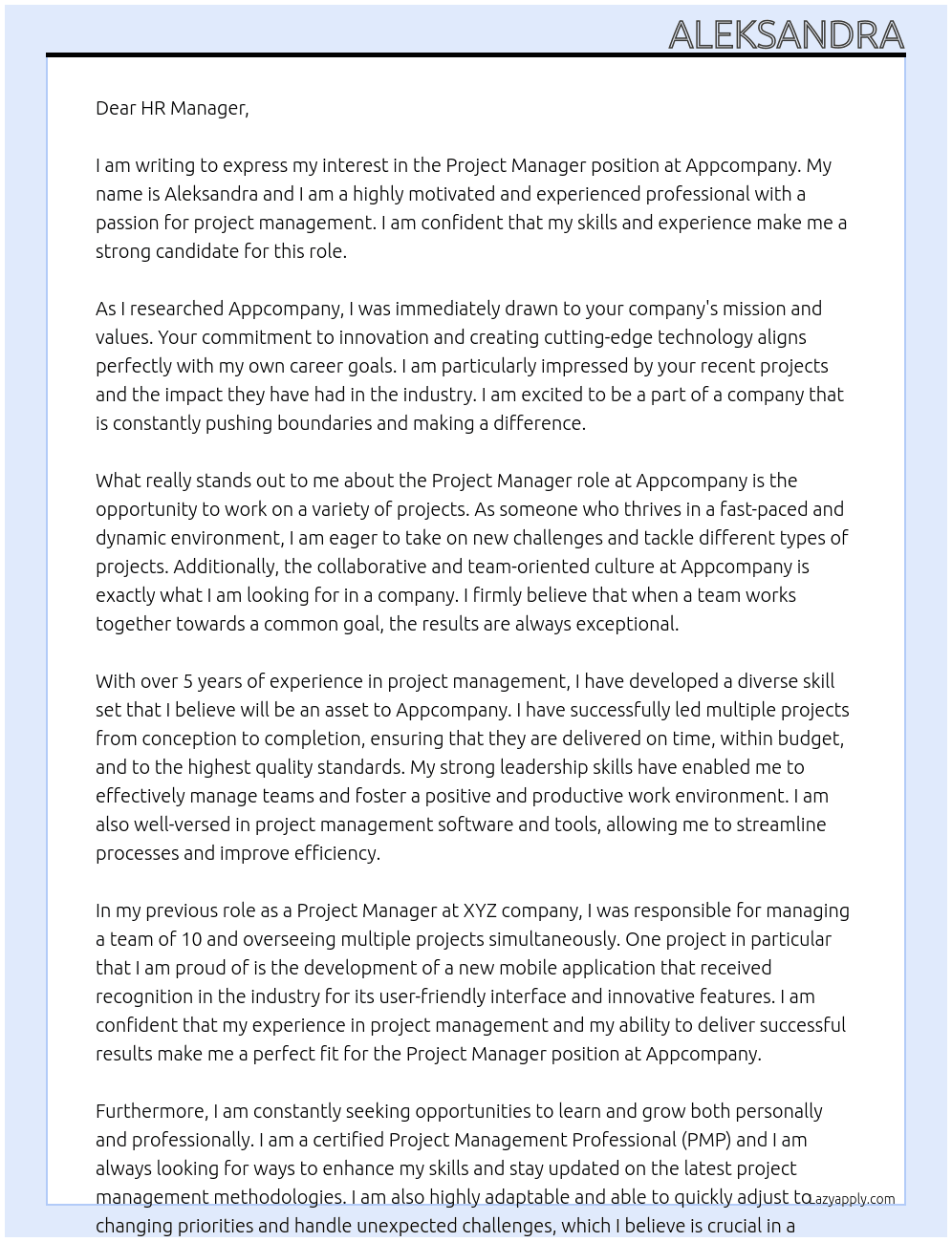 Project Manager At Appcompany Cover Letter
