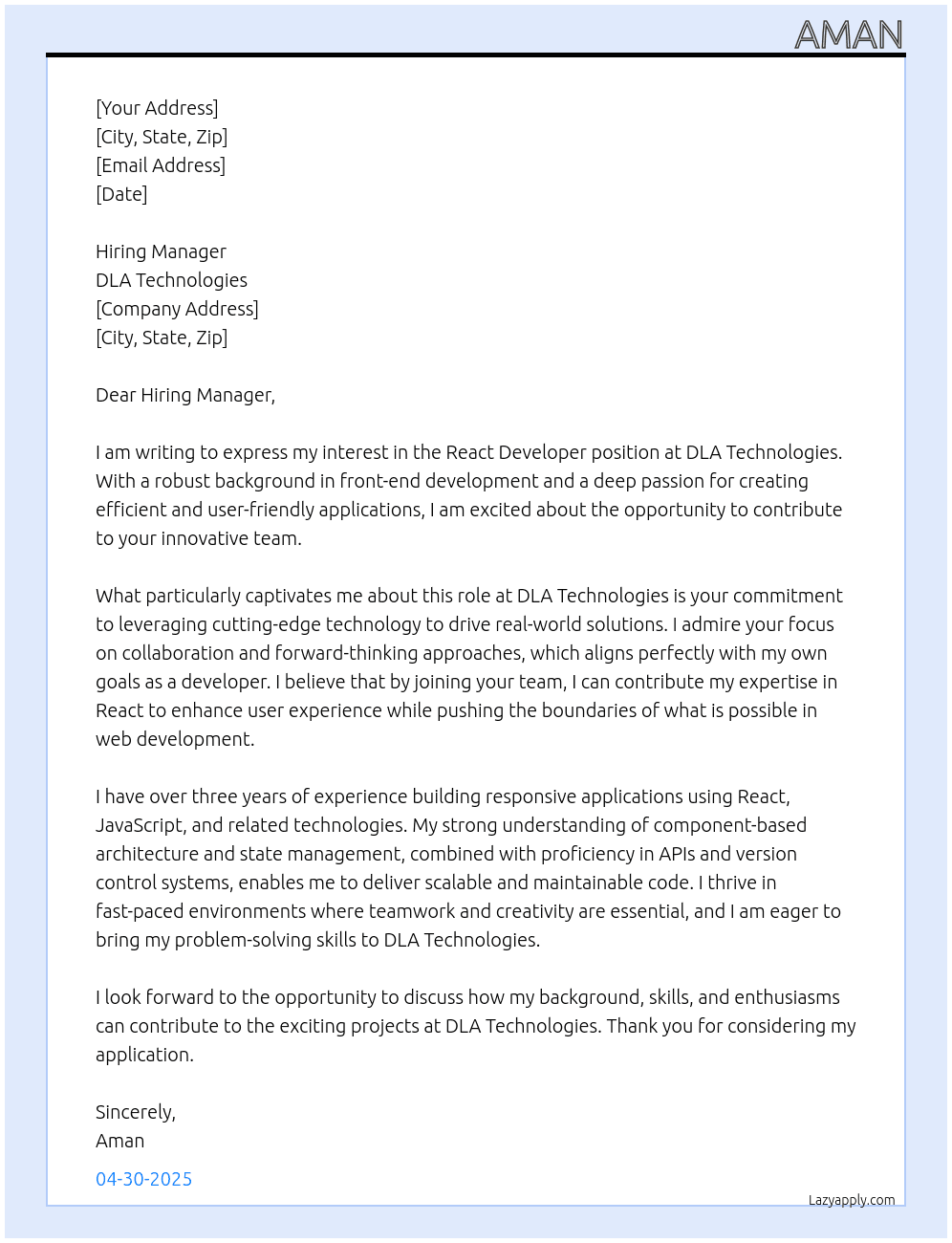 React Job At DLA Technologies Cover Letter
