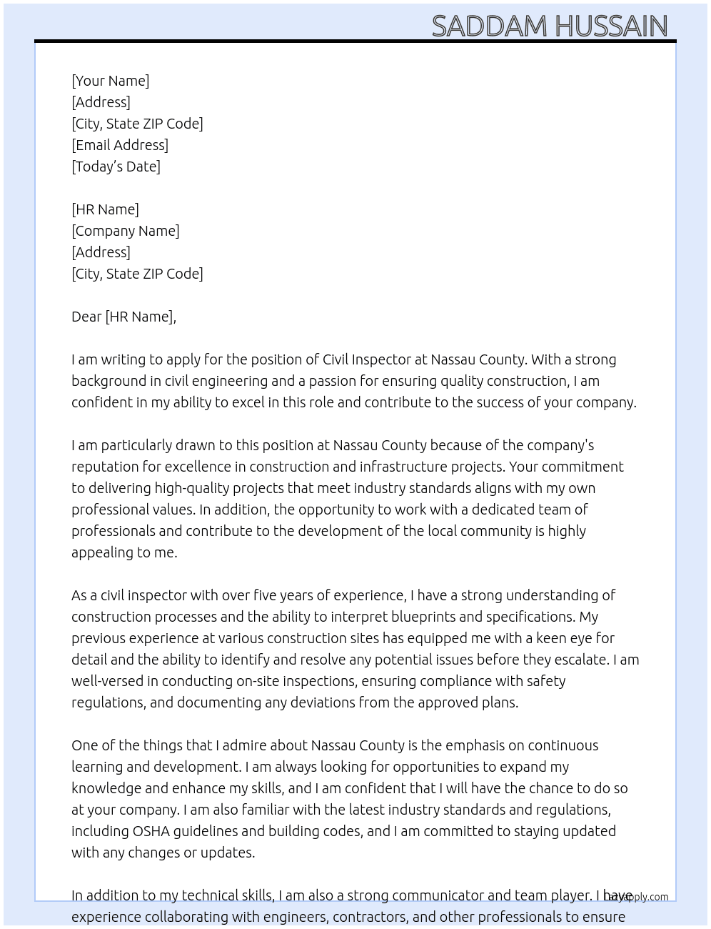 Civil inspector  At Nassau County  Cover Letter