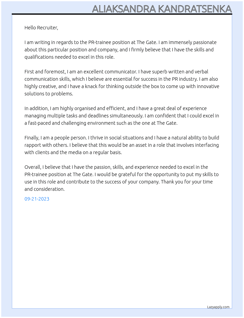 PR-trainee At The Gate Cover Letter