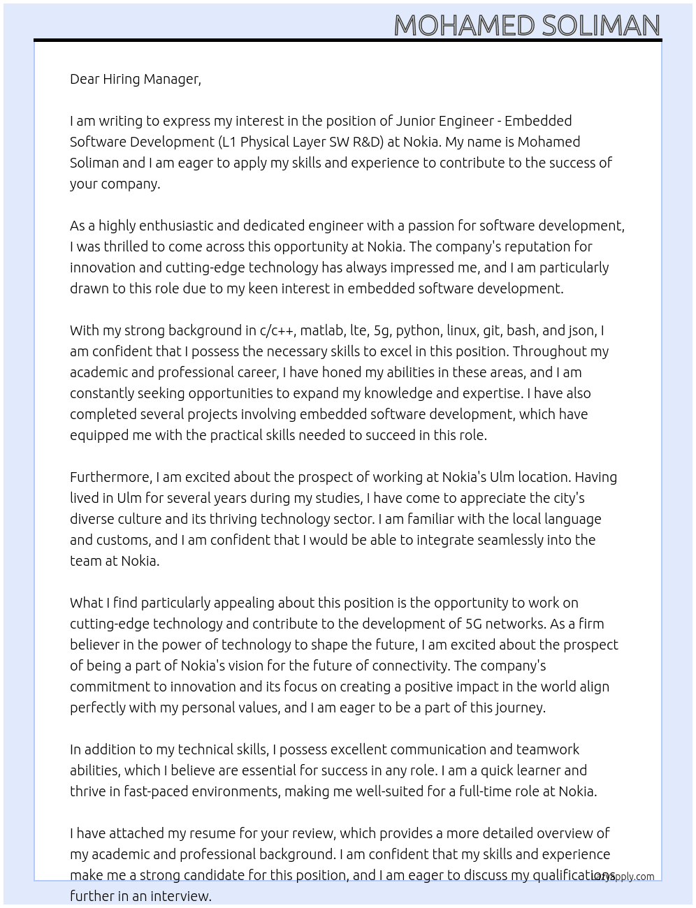 Junior Engineer - Embedded Software Development (L1 Physical Layer SW R&D) At Nokia Cover Letter