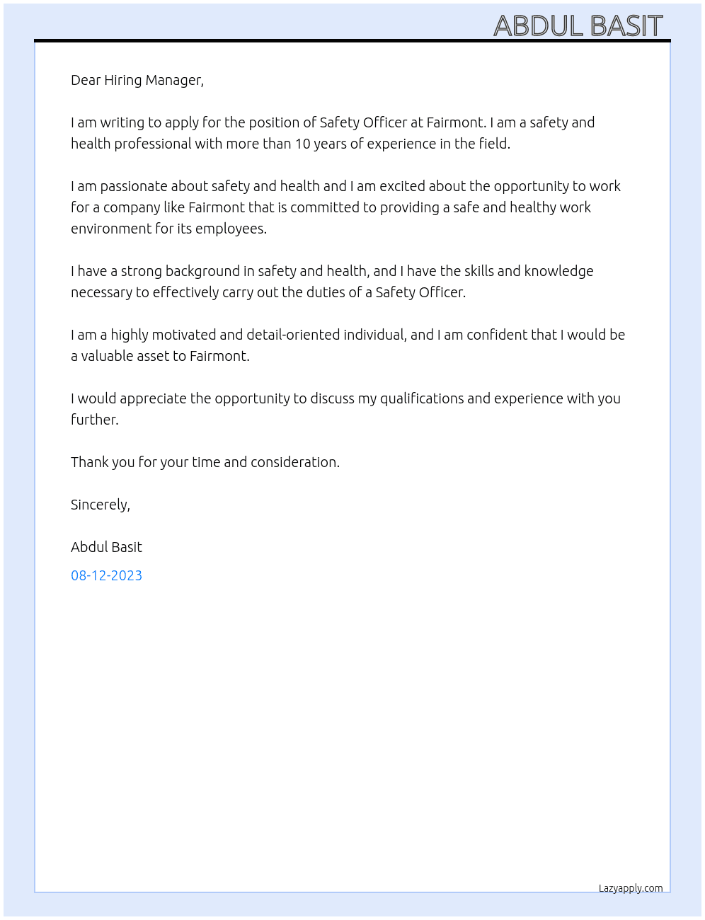Safety Officer  At Fairmont  Cover Letter