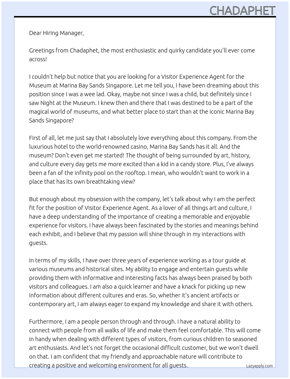 visitor experience agent museum At marina bay sands singapore Cover Letter