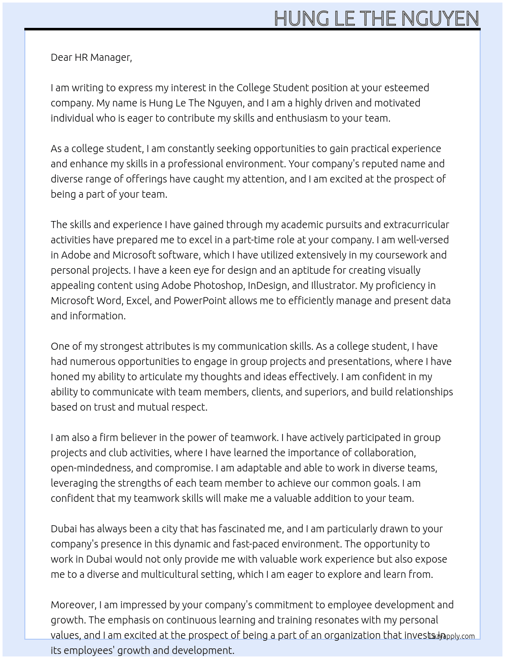 College student At UNKNOWN Cover Letter