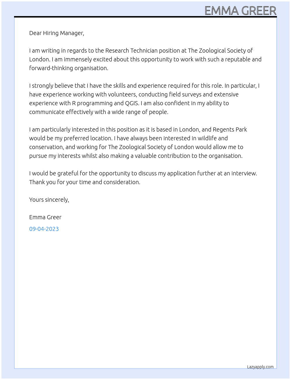 Research Technician At The Zoological Society of London Cover Letter