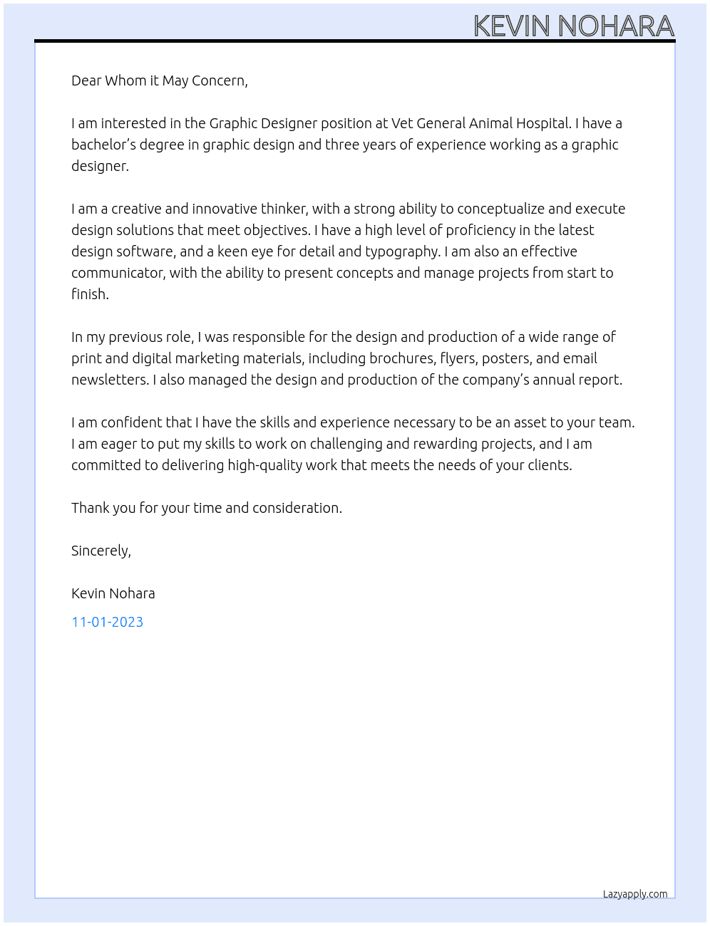 Graphic Designer At Vet General Animal Hospital  Cover Letter