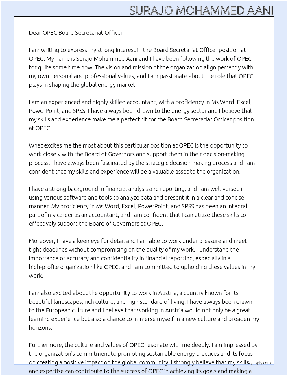 Board secretariat officer At OPEC Cover Letter